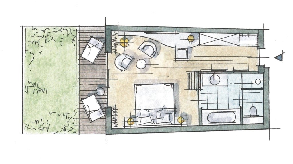 Skizze von Doppelzimmer mit Garten